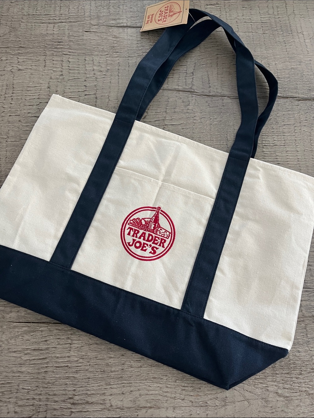 Trader Joe's Navy and Cream Canvas Tote Bag - Picture 2 of 4